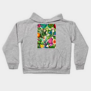 Vibrant tropical floral leaves and fruits floral illustration, pink green fruit pattern over a Kids Hoodie